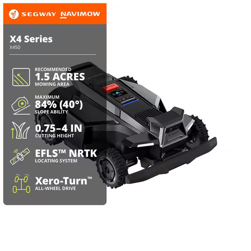 X450 17 In. Robot Lawn Mower (1 1/2 Acre) RTK + 360 Degree Camera, AWD, Weather Adaptive, AI Obstacle Avoidance
