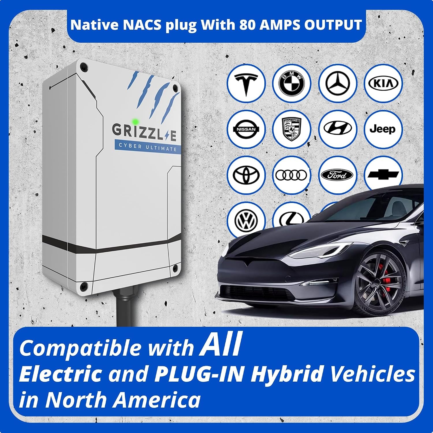 Ultimate Level 2 Fastest 80A / 19.2 Kw Electric Vehicle (EV) Charger, UL Tested and Certified, Metal Case, Indoor/Outdoor Electric Car Fast Charging Station, Hardwired, Cyber, NACS