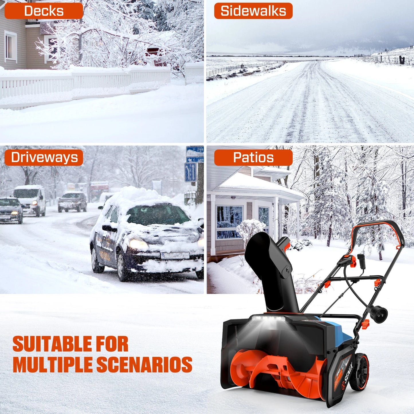 21-Inch 15A Corded Electric Push Snow Blower,12-Inch Clearing Depth, 33FT Throw Distance, LED Lights, Foldable Handle