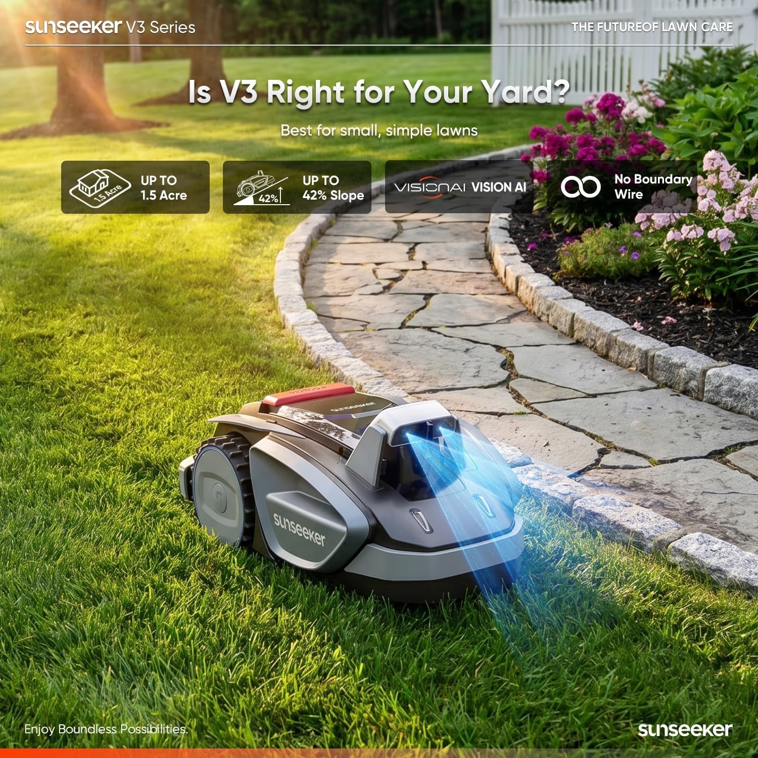 V3 Robot Lawn Mower, Vision AI, 0.15 Acre, Wire-Free | Easy Routine Mowing for First-Time Robot Mower Owners with Small, Simple Yards and Clear Boundaries.