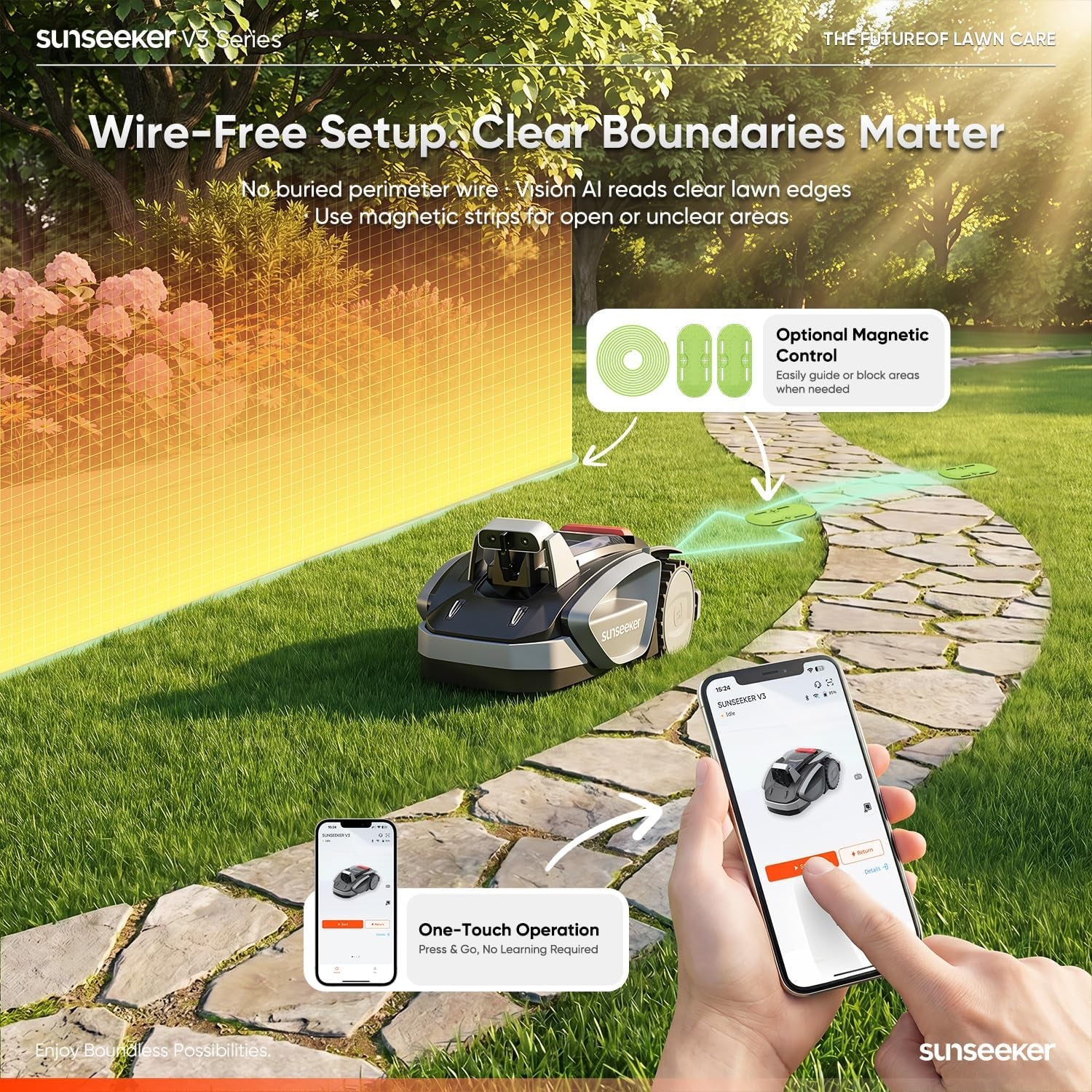 V3 Robot Lawn Mower, Vision AI, 0.15 Acre, Wire-Free | Easy Routine Mowing for First-Time Robot Mower Owners with Small, Simple Yards and Clear Boundaries.