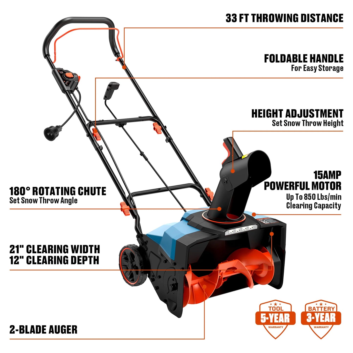 21-Inch 15A Corded Electric Push Snow Blower,12-Inch Clearing Depth, 33FT Throw Distance, LED Lights, Foldable Handle