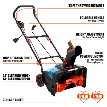 21-Inch 15A Corded Electric Push Snow Blower,12-Inch Clearing Depth, 33FT Throw Distance, LED Lights, Foldable Handle