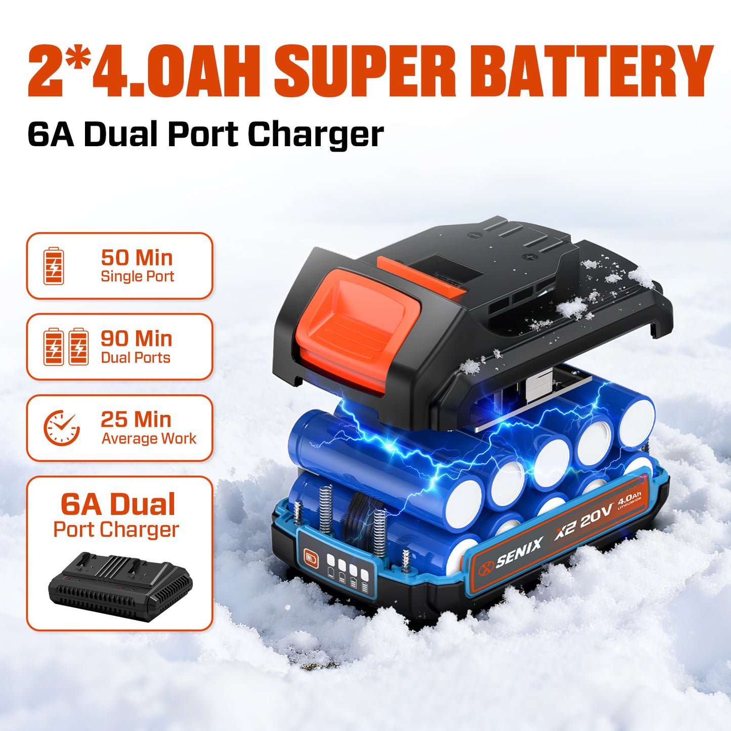 40V 13"Cordless Snow Shovel & Snow Blower,22Ft Throw, 375Lbs/Min, 2-Speed Mode,8000Mah, 6.0Ah Dual Port Charger,Electric Shovel for Driveway,Sidewalk